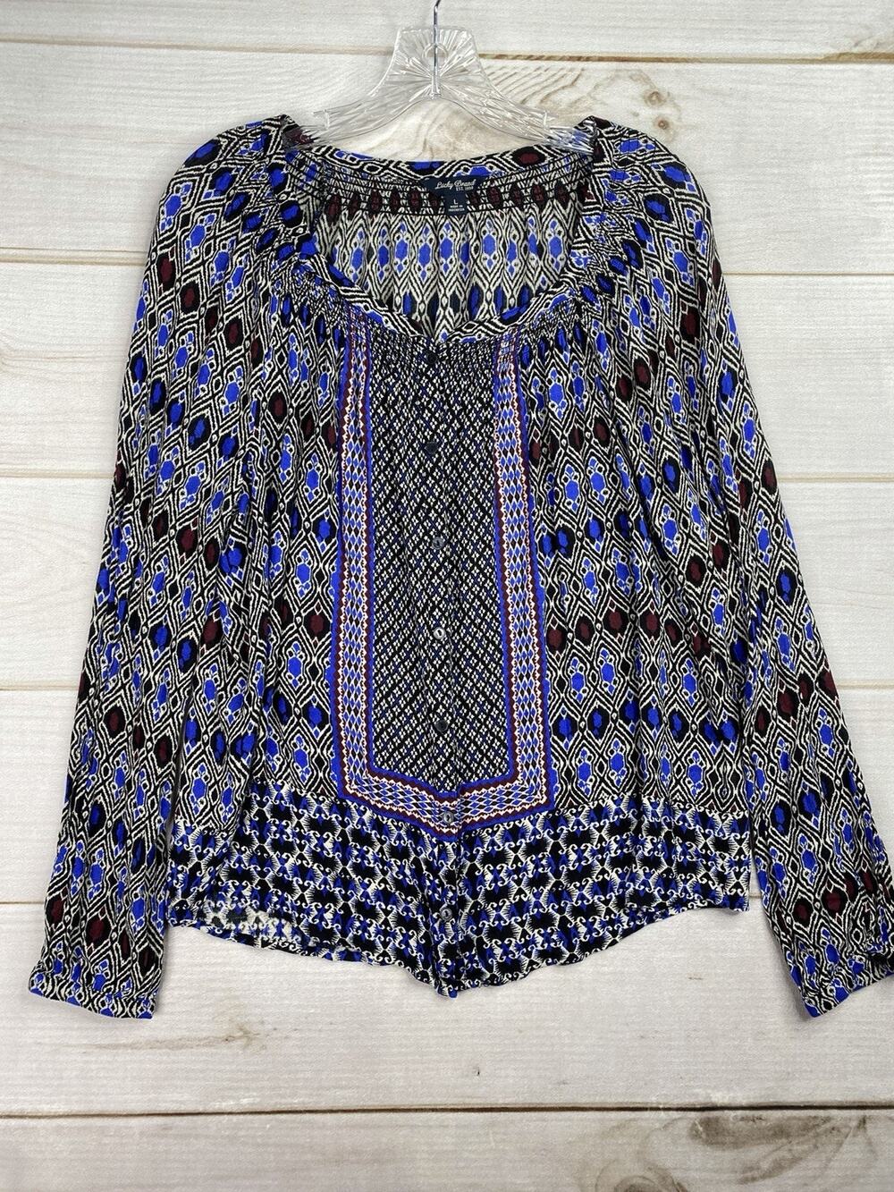 Lucky Brand Top Womens L Multi Geometric Peasant Button-Up Scoop Neck Lightweigh
